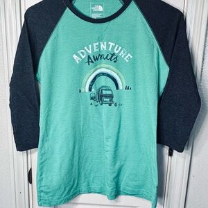 The North Face 3/4 Sleeve T-Shirt Green Womens Adventure Graphic Outdoors Hiking